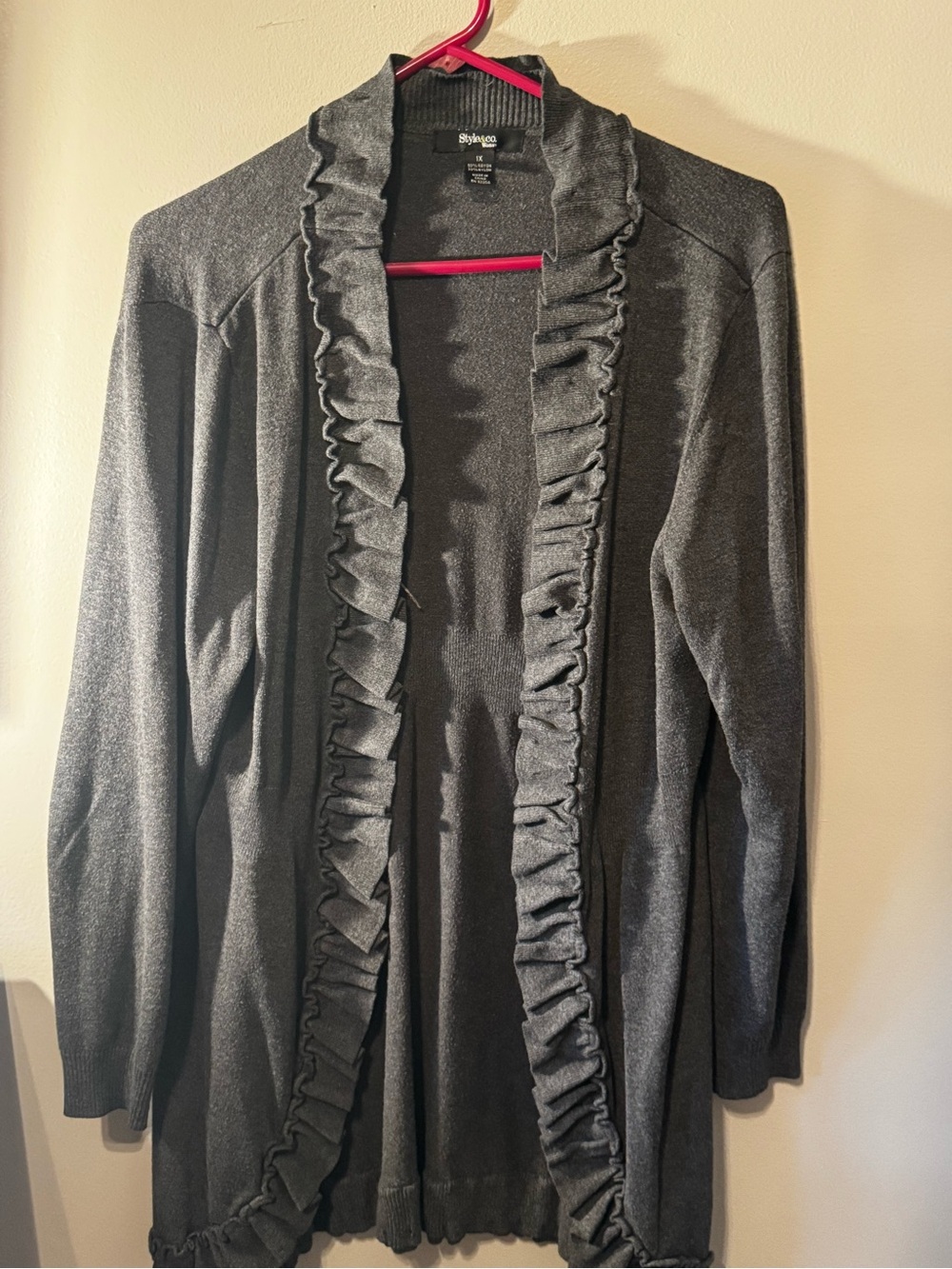 Style & Co. Dark Gray Ruffle-Trim Open Front Cardigan